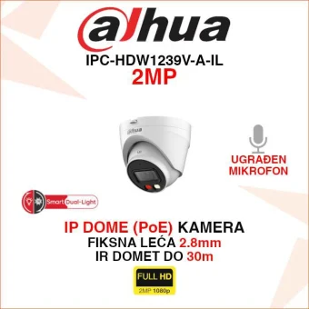 DAHUA 2MP SMART DUAL LIGHT IP POE DOME KAMERA IPC-HDW1239V-A-IL