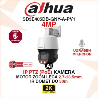 DAHUA 4MP IP POE PTZ AI SMART DUAL LIGHT KAMERA SD3E405DB-GNY-A-PV1