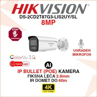 HIKVISION 4K COLORVU SMART HYBRID LIGHT KAMERA DS-2CD2T87G3-LIS2UY/SL