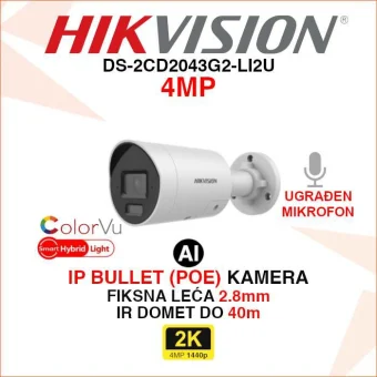 HIKVISION 4MP SMART HYBRID LIGHT AI IP POE KAMERA DS-2CD2043G2-LI2U