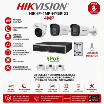 HIKVISION 2K SMART HYBRID LIGHT POE SET S 3 KAMERE HIK-IP-4MP-HYBRID3