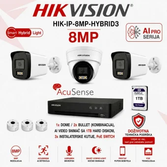 Hikvision 4K IP komplet s 3 kamere - AI PRO serija