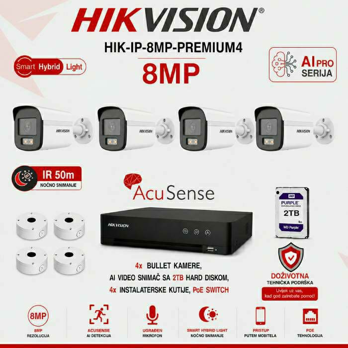 Hikvision 4K komplet s 4 kamere - AI PRO serija+50m IR domet