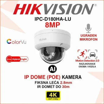 HIKVISION 4K SMART HYBRID LIGHT AI IP DOME KAMERA IPC-D180HA-LU