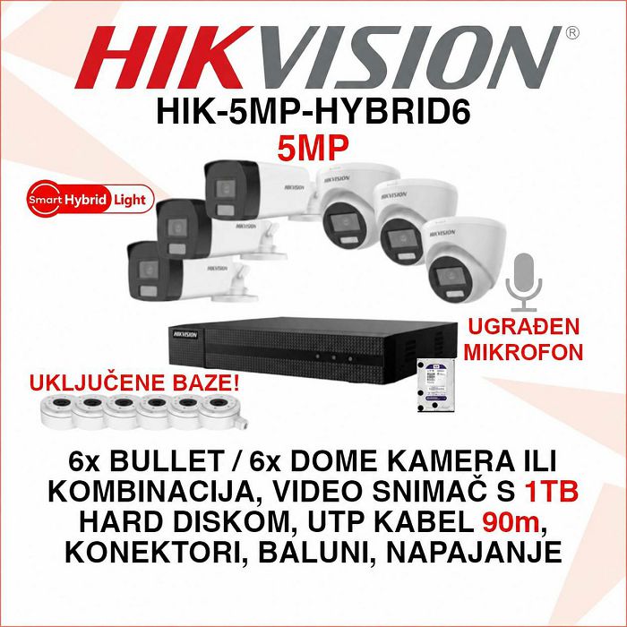 HIKVISION 5MP SMART HYBRID SET SA 6 KAMERA I OPREMOM HIK-5MP-HYBRID6