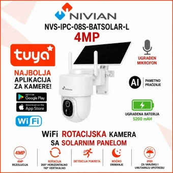 NIVIAN 4MP SOLARNA ROTACIJSKA AI WIFI KAMERA NVS-IPC-08S-BATSOLAR-L