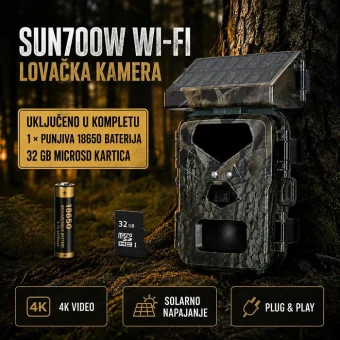 SUNTEK 700W LOVAČKA 4K KAMERA SA SOLARNIM PANELOM, KOMPLET SA BATERIJOM  I SD KARTICOM