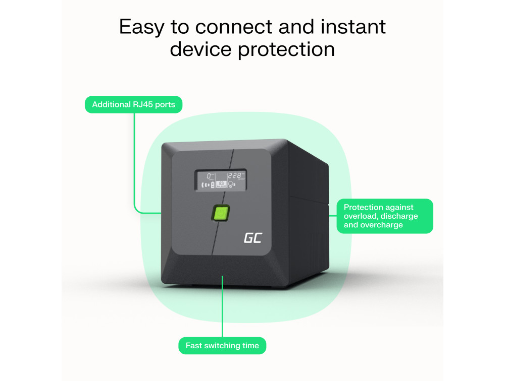 Green Cell UPS (UPSLP700) 1000VA/700W, Pure sine wave, Line Interactive AVR, PowerProof with LCD