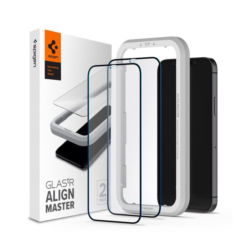 Spigen Glas tR ALM FC Black, zaštitno staklo za ekran telefona, 2 kom + okvir za instalaciju - iPhone 12 Pro Max