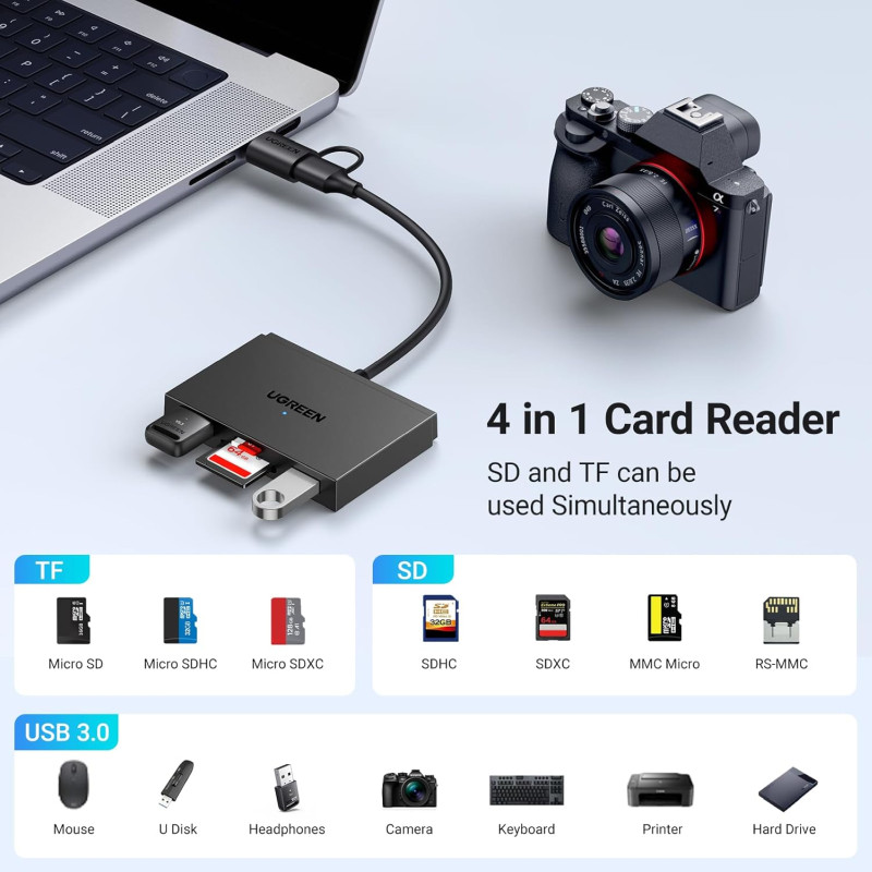 UGREEN 4-portni USB-C/A HUB 2xUSB-A, 1xSD, 1xTF, sivi