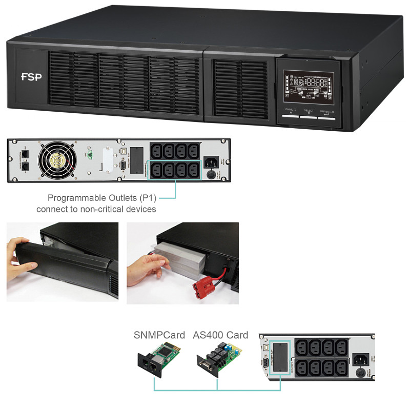 Fortron Source UPS Clippers Rack/Tower 3000VA/3000W, On-line double conversion, USB, RS-232, EPO, 8×C13, 6×9Ah, LCD