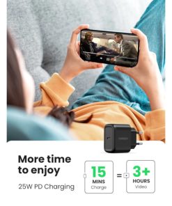 UGREEN zidni punjač 25W, USB-C, PD3.0/QC4.0, crni + USB-C/USB-C kabel 2.0m