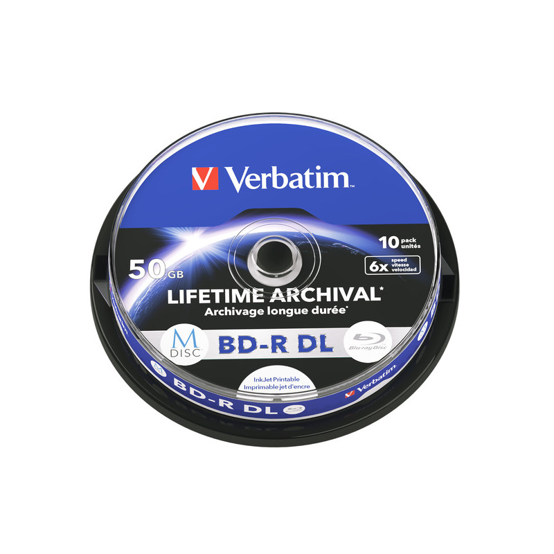 M-Disc Lifetime Archival Verbatim 50GB BD-R DL 6× Inkjet Printable 10 pack spindle