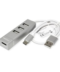 Roline Hub 4-porta USB2.0, USB Tip-A + USB-C kablovi, 0.3m