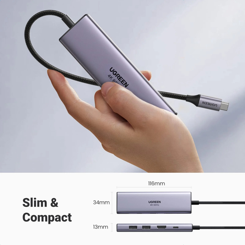 UGREEN 6-portni USB-C HUB 3xUSB-A 3.0, 1xHDMI 4K 60Hz, 1xSD, 1xTF, sivi