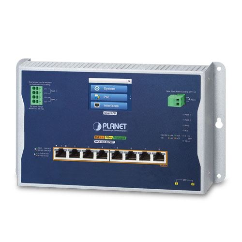 Planet Industrial L2 8-Port 10 100 1000T 802.3bt PoE 2-Port 1G 2.5G SFP Wall-mount Managed Switch with LCD Touch Screen
