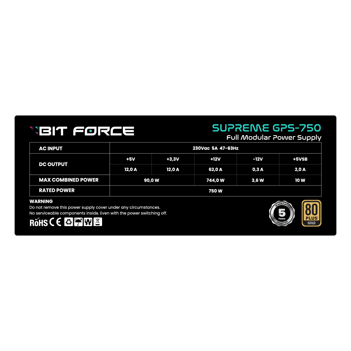 BIT FORCE napajanje 750W 80+ GOLD SUPREME GPS-750, modularno, ATX 3.1, PCI-E 5.1, FDB