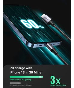 UGREEN Lightning na USB-C (M), MFi, PD, pleteni kabel, 1.0m