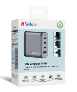 Verbatim GNC-140 GaN zidni punjač 140W, 4 priključka, 2×USB-C PD 140W / 1×USB-C PD 20W / 1×USB-A QC 3.0