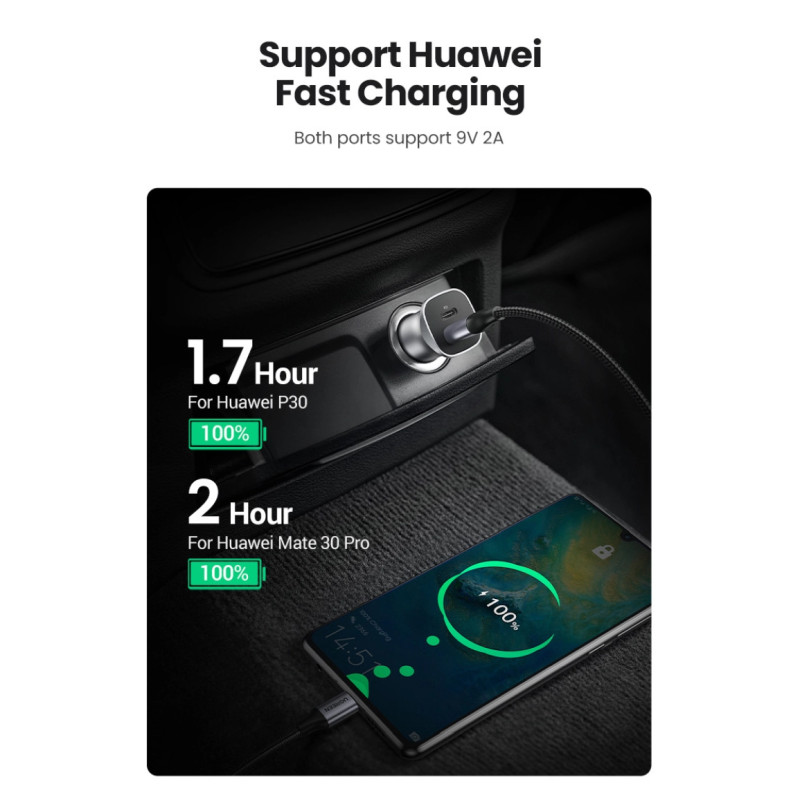 UGREEN auto punjač 30W, USB-C+USB-A, PD3.0/QC3.0, sivi