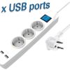 Transmedia 3-way power strip with two USB charging ports, 1,5m white