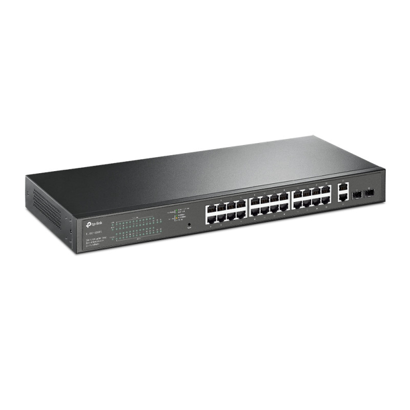 TP-Link 28-port Gigabit Easy Smart preklopnik (Switch), 24x 10/100/1000 Mbps RJ45 PoE+ port,2x SFP fiber uperlink port, Rack-mount, 250 w PoE+ budget