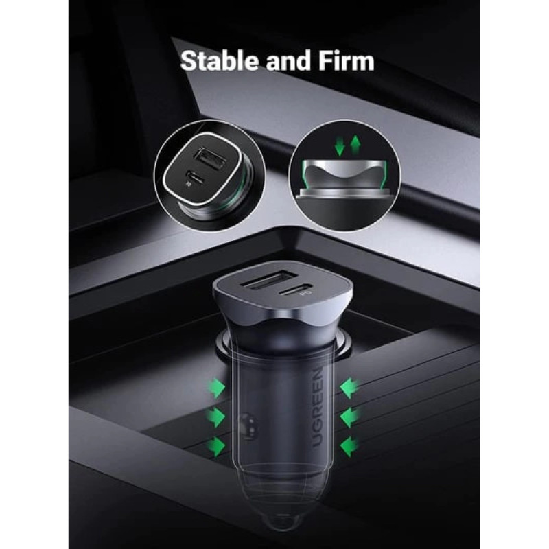 UGREEN auto punjač 24W, USB-C+USB-A, PD3.0/QC3.0, srebrni