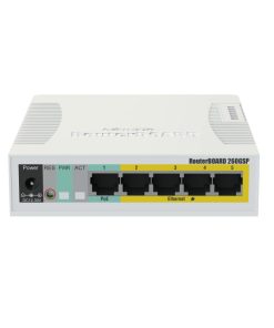Mikrotik Cloud Smart Switch CSS106-1G-4P-1S (RB260GSP) 5-port Gigabit PoE-out smart preklopnik sa SFP cage, SwOS, plastično kućište, PSU, 53W