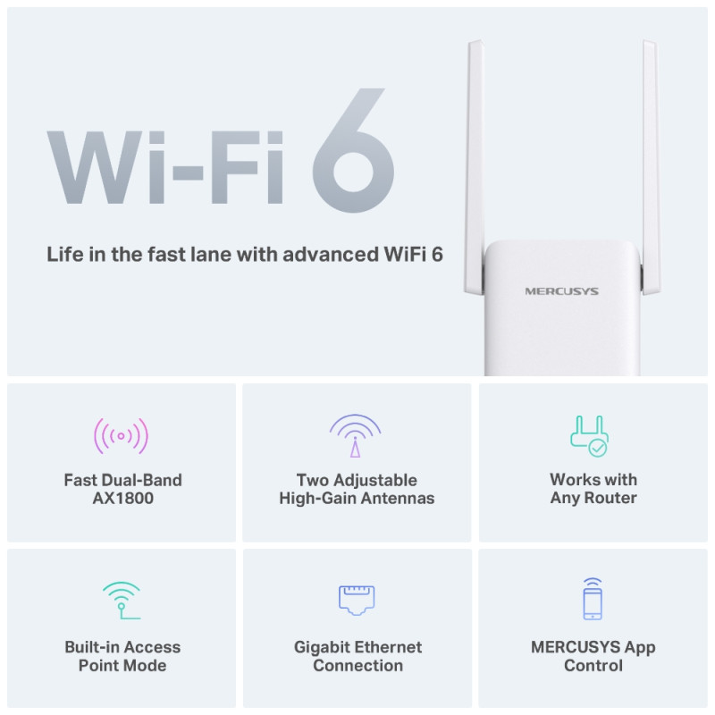 Mercusys AX1800 bežični pojačivač dometa (Range Extender Wi-Fi 6) Dual Band 574Mbps/1201Mbps (2.4GHz/5GHz), 802.11ax/a/n/ac/b/g/n, 1×G-LAN, 2×vanjska antena