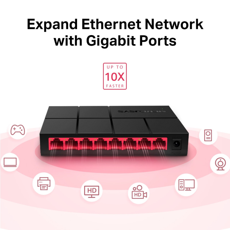 Mercusys 8-port Gigabit mini Desktop preklopnik (Switch), 8×10/100/1000M RJ45 ports, plastično kućište