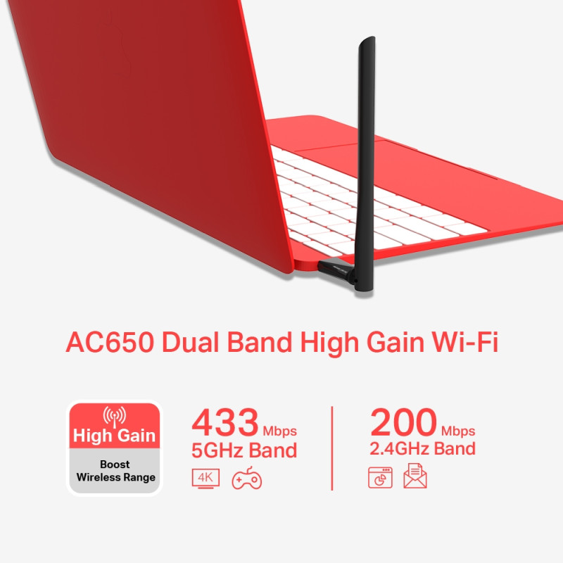 Mercusys AC650 bežični High-Gain Dual-Band USB adapter, 200Mbps/433Mbps (2.4GHz/5GHz), 802.11a/b/g/n/ac, 5dBi antena