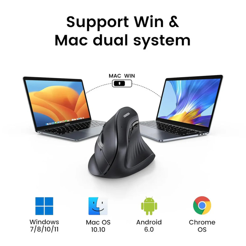 UGREEN bežični ergonomski vertikalni miš, bluetooth, 4000 DPI, USB, crni