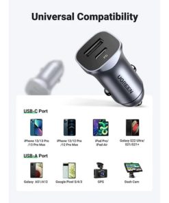 UGREEN auto punjač 24W, USB-C+USB-A, PD3.0/QC3.0, srebrni