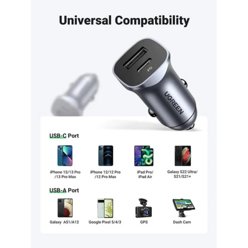 UGREEN auto punjač 24W, USB-C+USB-A, PD3.0/QC3.0, srebrni