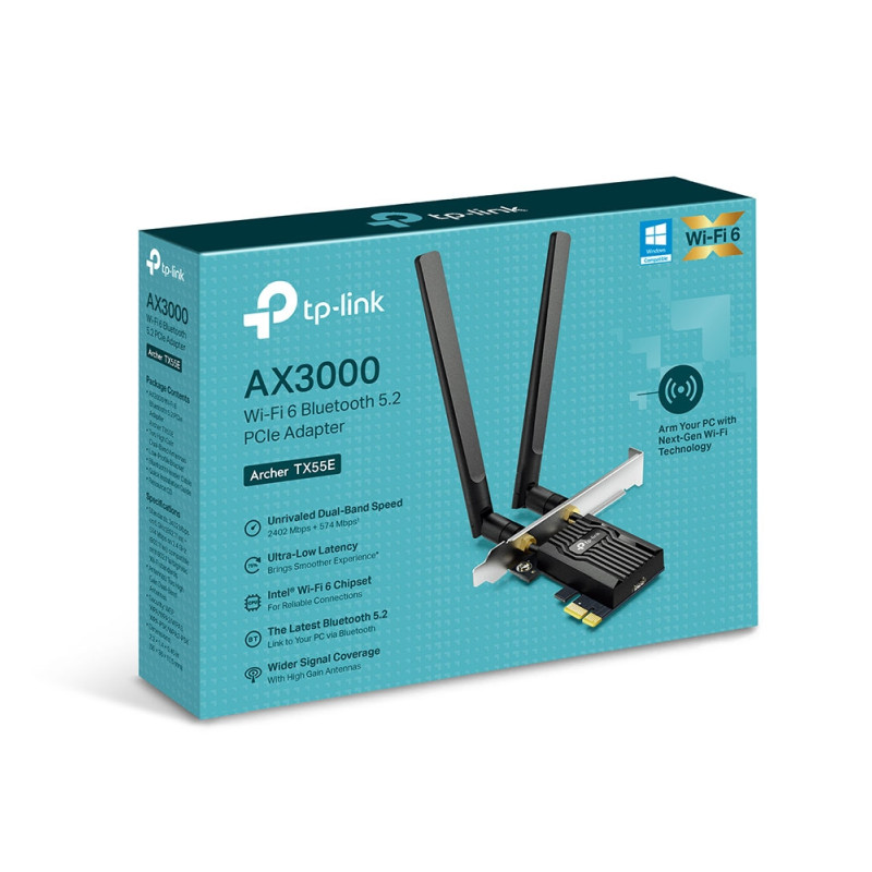 TP-Link AX3000 Archer TX55E bežični Dual-Band Wi-Fi 6 BT5.2 PCI-E adapter 574Mbps/2402Mbps (2.4GHz/5GHz), 802.11ax/ac/n/a/g/b, 2× dual band antene