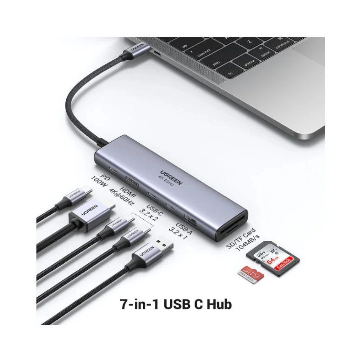 UGREEN 7-portni USB-C HUB na 1xUSB-A 3.2, 2xUSB-C 3.2, 1xSD/TF čitač memorijskih kartica, 1xUSB-C za napajanje, 1x HDMI, sivi