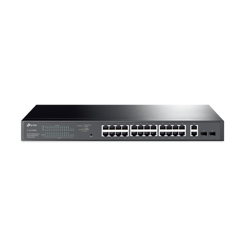 TP-Link 28-port Gigabit Easy Smart preklopnik (Switch), 24x 10/100/1000 Mbps RJ45 PoE+ port,2x SFP fiber uperlink port, Rack-mount, 250 w PoE+ budget