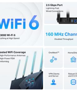 TP-Link AX3000 Archer AX55 Pro bežični usmjerivač (Dual-Band Router Wi-Fi 6) Multi-Gigabit 574 Mbps/2402 Mbps (2.4 GHz/5 GHz) 802.11ax/a/b/g/n/ac, 2× WAN/LAN, 3× Gigabit LAN, USB 3.0, 4×fiksne antene