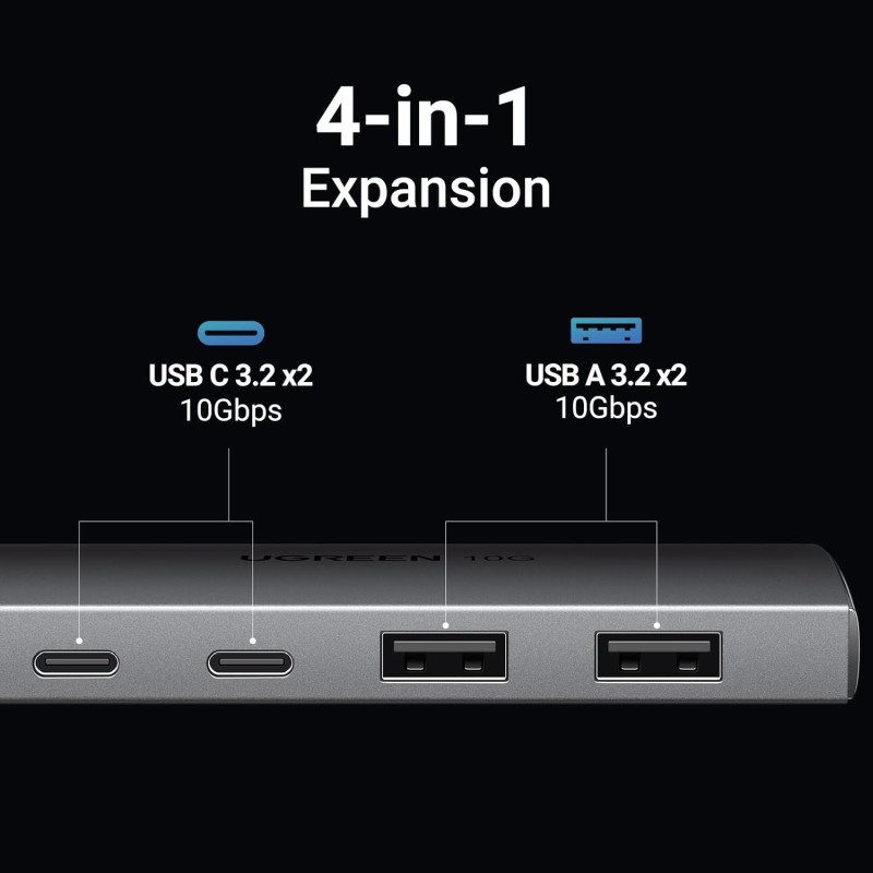 UGREEN 4-portni USB-C HUB 2xUSB-A, 2xUSB-C, 10Gbps, sivi