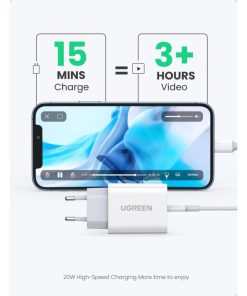 UGREEN zidni punjač 20W, USB-C, PD3.0/QC4.0, bijeli + USB-C/Lightning kabel 1.0m