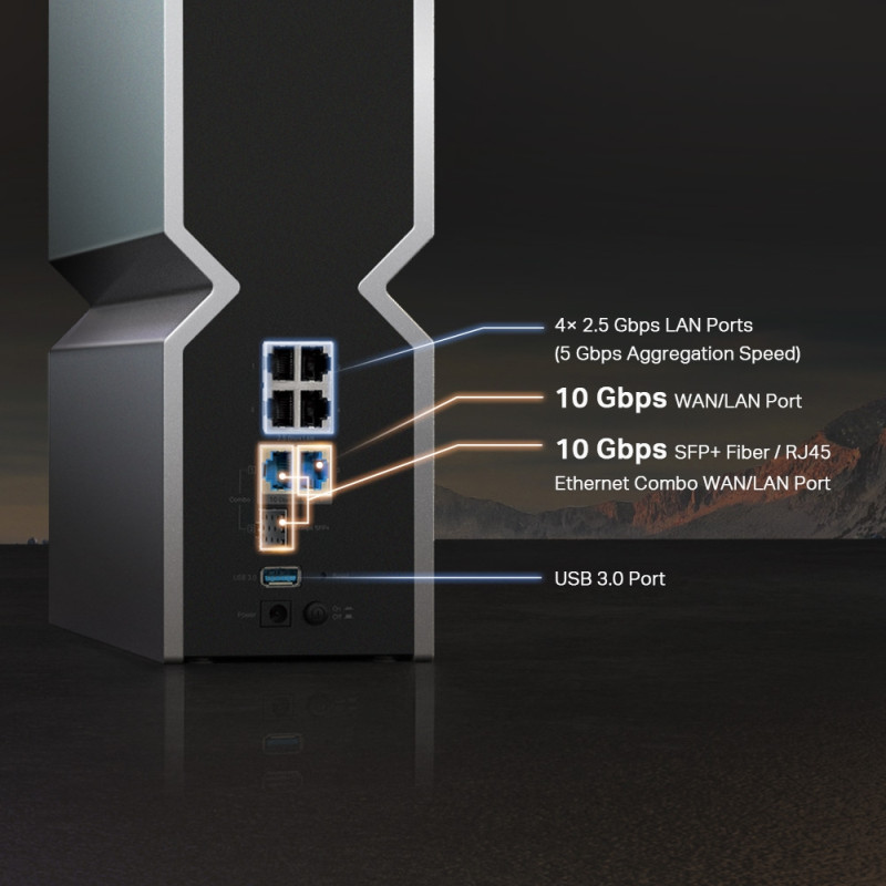 TP-Link BE1900 bežični usmjerivač (Tri-Band Router Wi-Fi 7), 1376Mbps/5760Mbps/11520Mbps (2.4GHz/5GHz/6GHz), 4×4 MU-MIMO, 802.11be, 1×10G WLAN , 4×2.5G LAN, 1×10G SFP+/RJ4, USB3.0, 8×antene