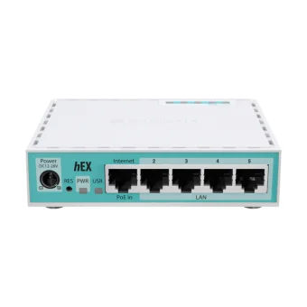 Mikrotik hEX refresh, 950 MHz CPU, 512MB RAM, 5×LAN, USB-A, POE support, RouterOSv7, metalno kućište, PSU