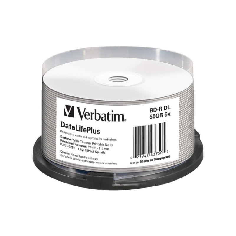 Blu-Ray Verbatim BD-R DL 6× 50GB Wide Thermal Printable/No ID 25 pack spindle