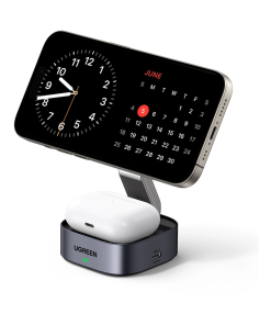 UGREEN 2in1 punjač, 15W, bežični, Qi2, za iPhone, AirPods Pro, sivi