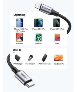 UGREEN Lightning na USB-C (M), MFi, PD, pleteni kabel, 1.0m