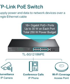 TP-Link JetStream 16-port Gigabit EasySmart PoE+ preklopnik (Switch), 16×10/100/1000M RJ45 PoE, 2×SFP Gigabit, 1U 19" rack-mount kućište (192W)