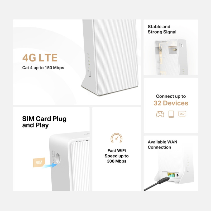 Mercusys bežični N 4G LTE usmjerivač (Router) 300Mbps (2.4GHz), 802.11b/g/n, interni 4G modem, 1×LAN/1×WAN, utor za SIM karticu