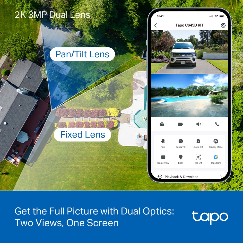 TP-Link Tapo C645D kamera + Tapo A201 Solar panel 2x 2K/3MP (2304×1296)Color Night Vision, microSD, 6×Spotlights, detekcija pokreta, IP65, ugrađena punjiva Li-Ion baterija, Wi-Fi/Tapo app