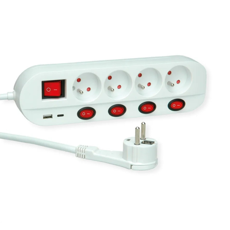 Roline naponska letva, 4 utičnice sa individualnim prekidačima, 1×USB A/1×USB C, 1.5m