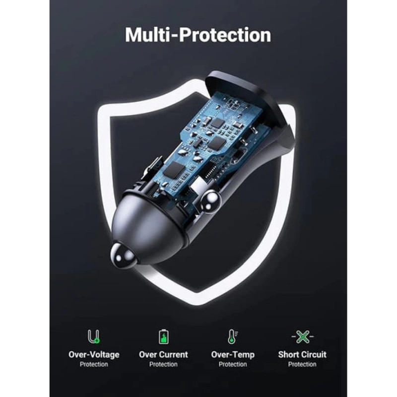 UGREEN auto punjač 24W, USB-C+USB-A, PD3.0/QC3.0, srebrni